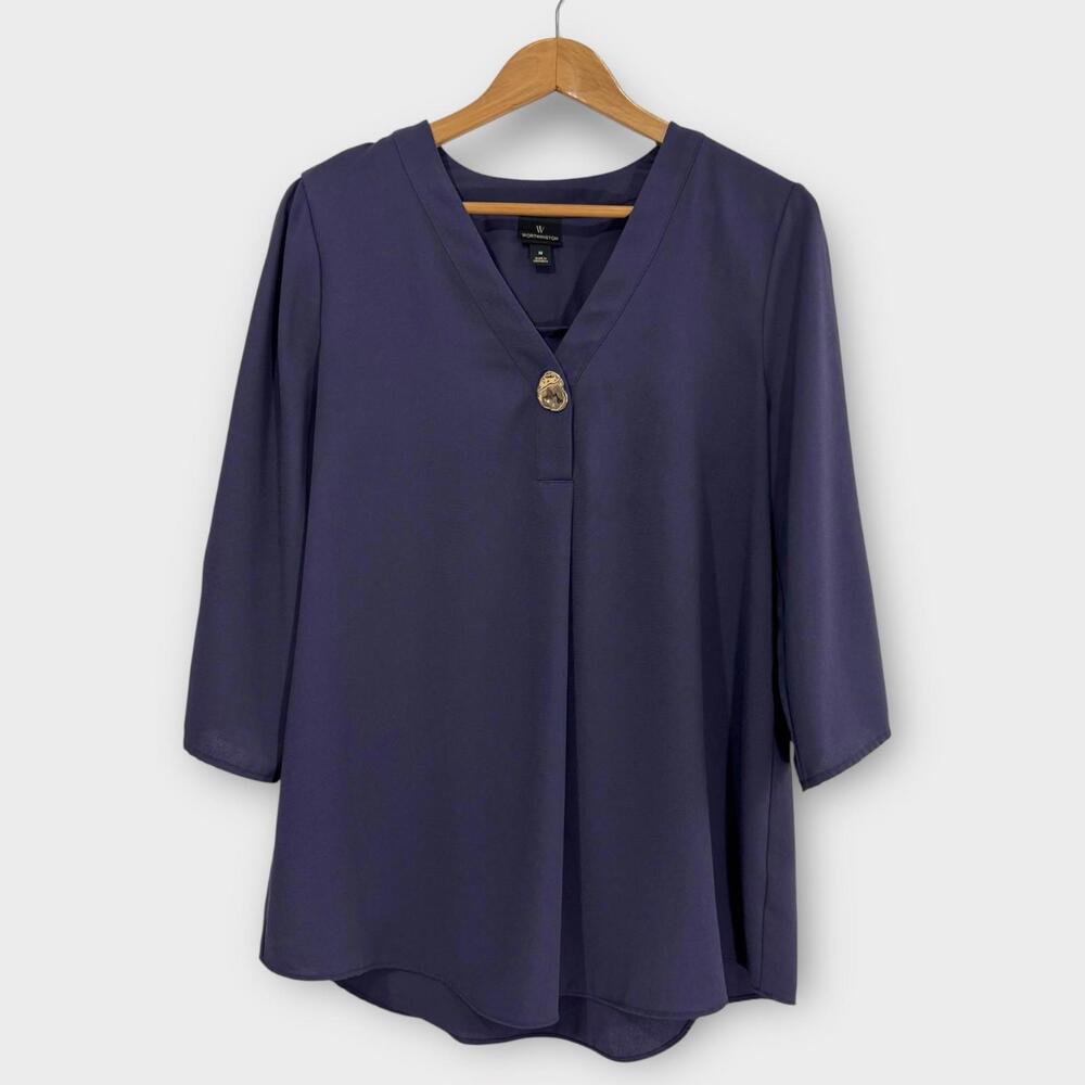 Worthington Women’s Size Medium Button V Neck 3/4 Sleeve Pullover Blue Blouse